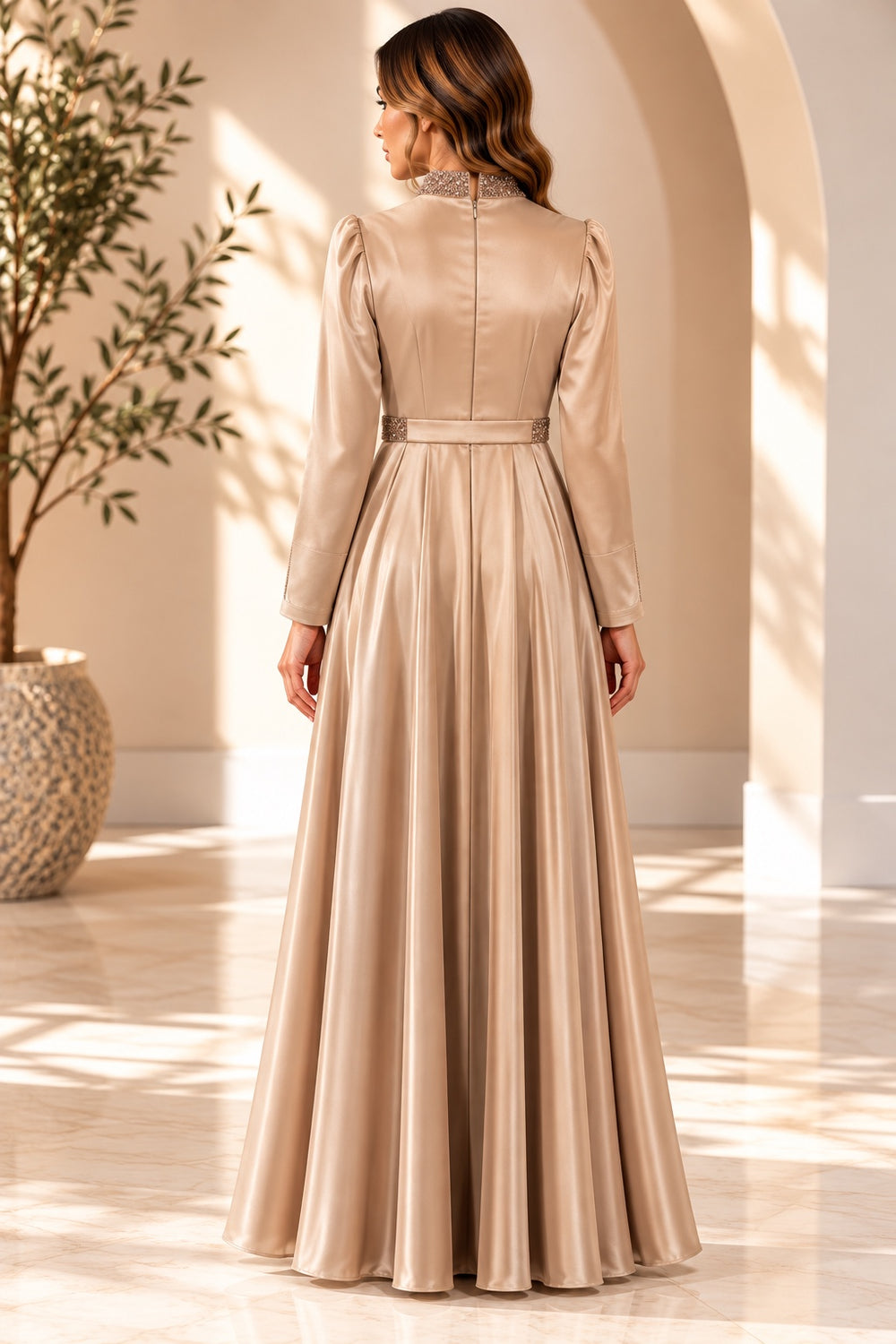 Solene | Satin Beaded Pleated Evening Dress — Somon (back)