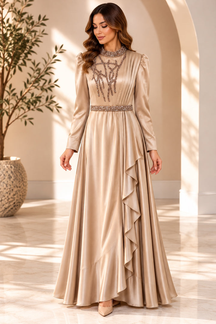 Solene | Satin Beaded Pleated Evening Dress — Somon (front)