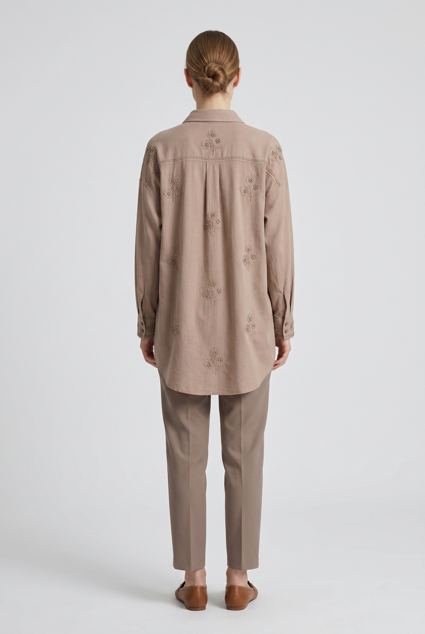 Hollis | Beaded Floral Embroidered Shirt — Mocha (back)