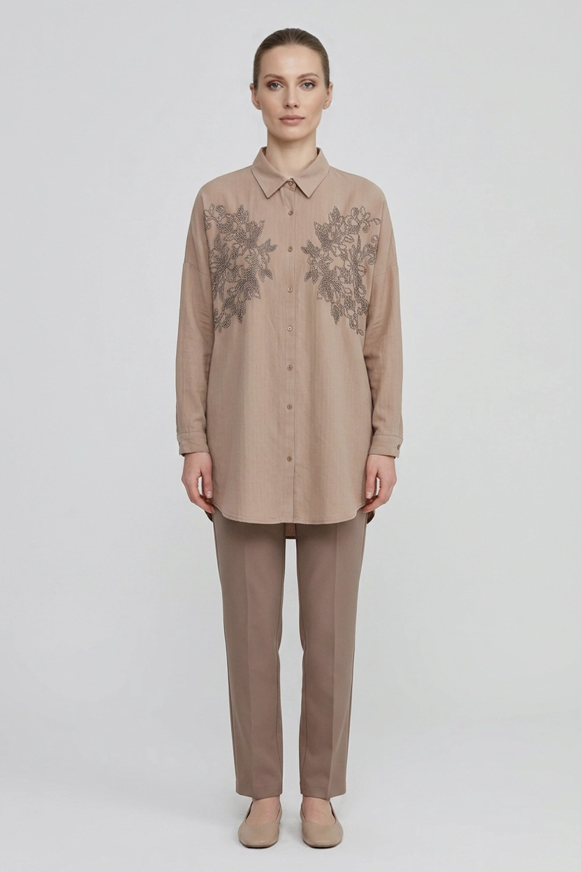 Hollis | Beaded Floral Embroidered Shirt — Mocha (front)