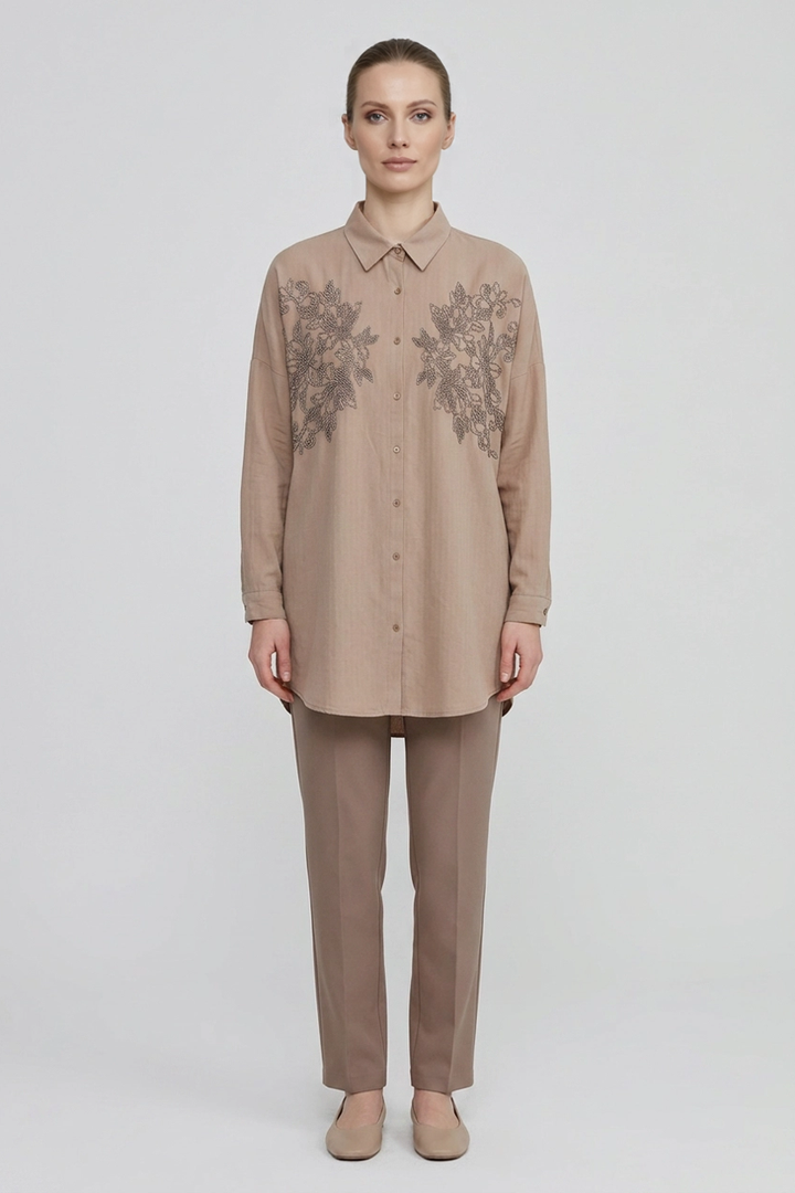 Hollis | Beaded Floral Embroidered Shirt — Mocha (front)