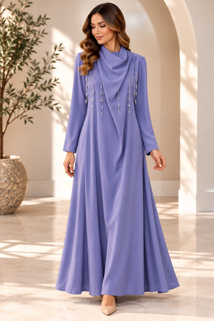 Viola | Bead Tassel Shawl Collar Evening Dress [CLEARANCE -60%] — Purple (front)