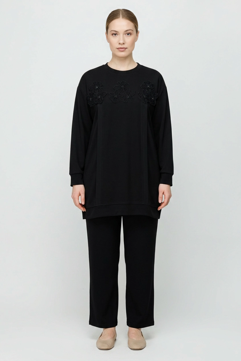 Lotus | Beaded Floral Appliqué Two-Piece Set — Black (front)