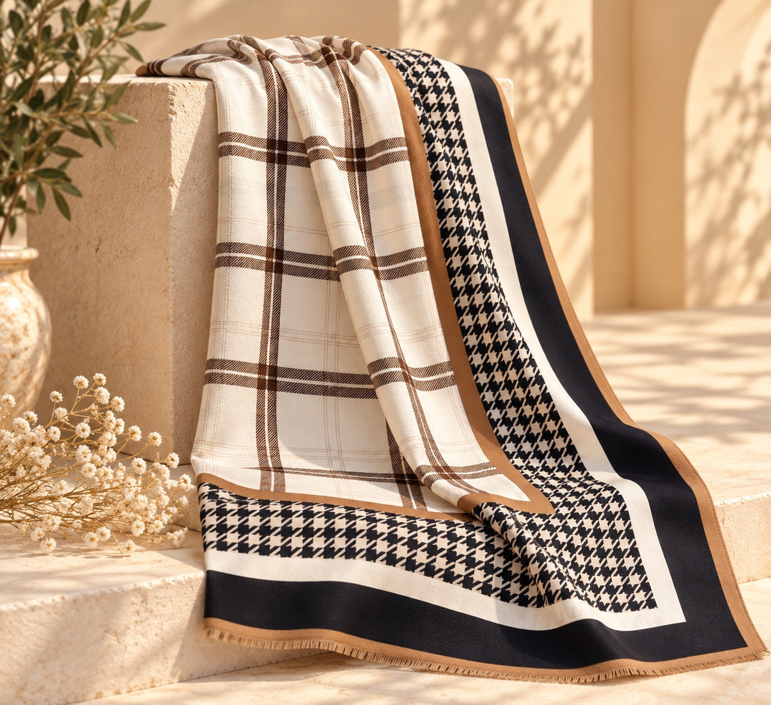 Vivienne | Sura Houndstooth Stripe Silk Shawl — Multicolor (front)