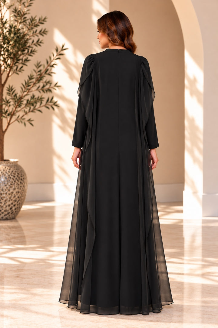 Wynne | Crepe Crew-Neck Evening Dress — Black (back)