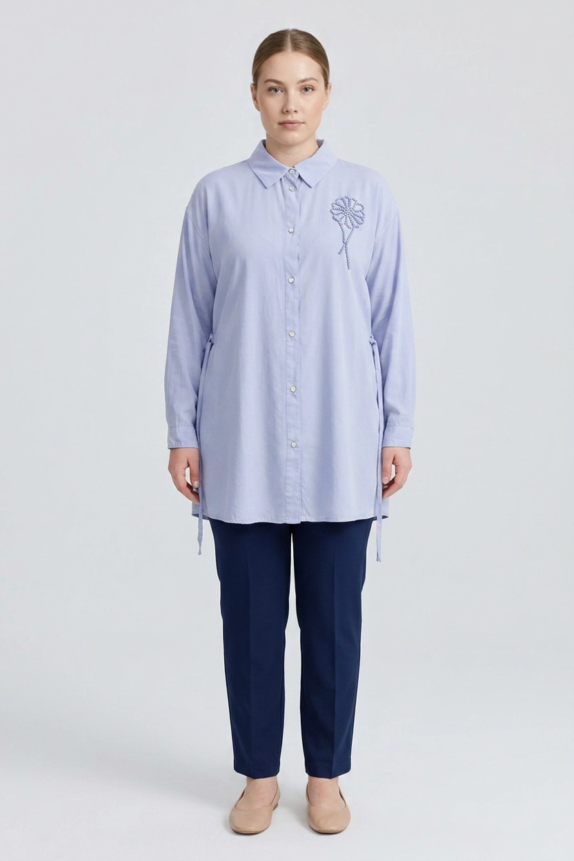 Celeste | Pearl Floral Button-Down Shirt — Blue (front)