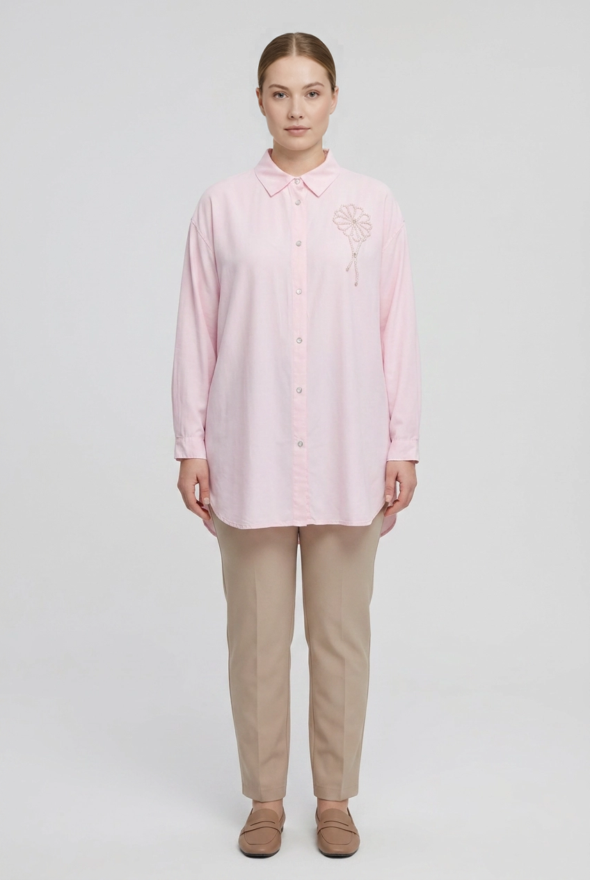 Celeste | Pearl Floral Button-Down Shirt — Pink (front)