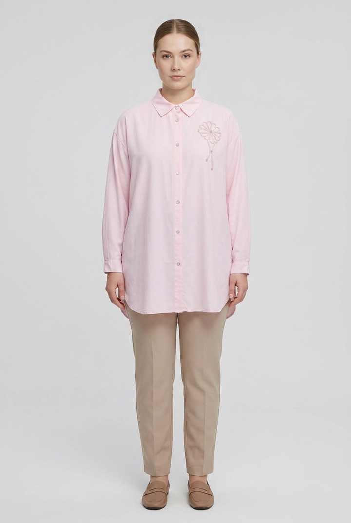 Celeste | Pearl Floral Button-Down Shirt — Pink (front)
