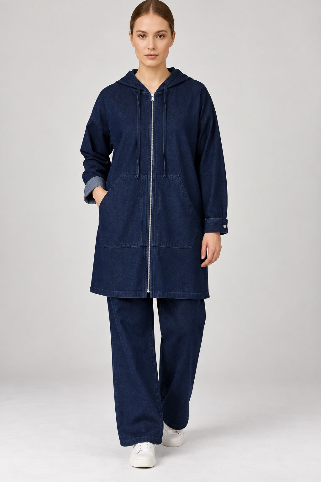 Marlow | Washed Knit Hooded Two-Piece Set — Denim (front)