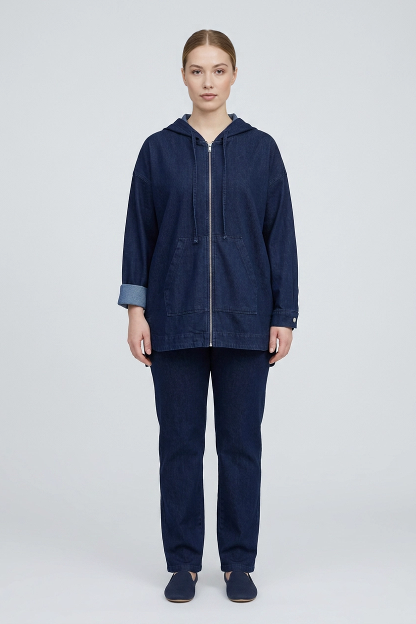 Marlow | Washed Knit Hooded Two-Piece Set — Denim (front)