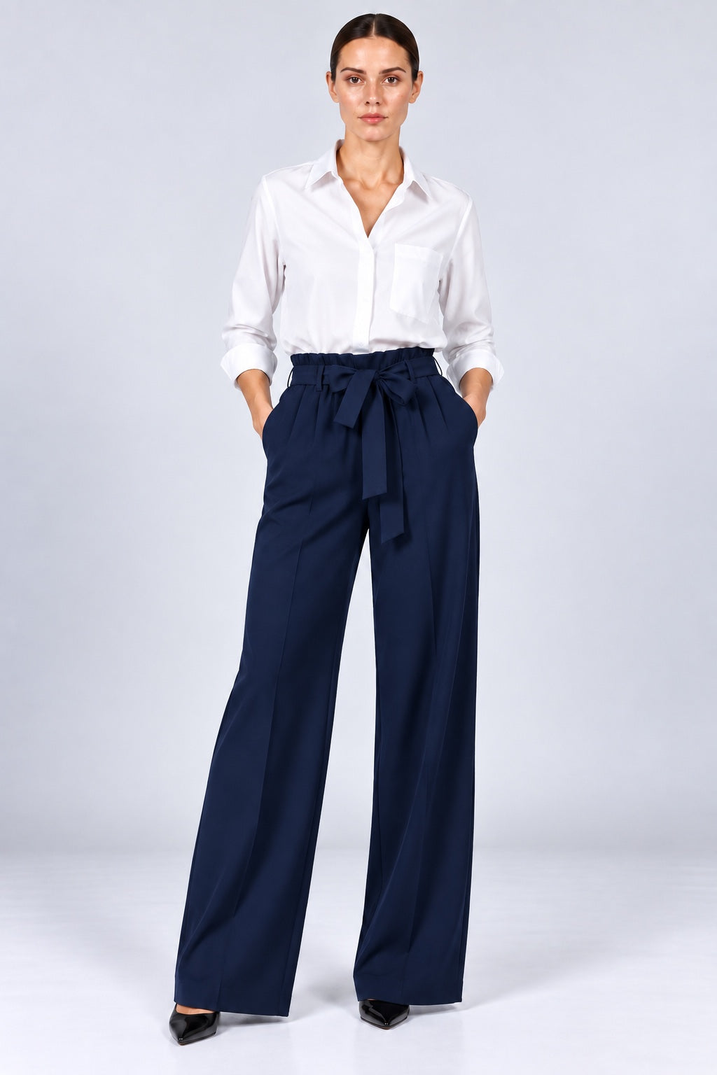 Obsidian | Tie Waist Slim Pants [CLEARANCE -30%] — Navy (front)