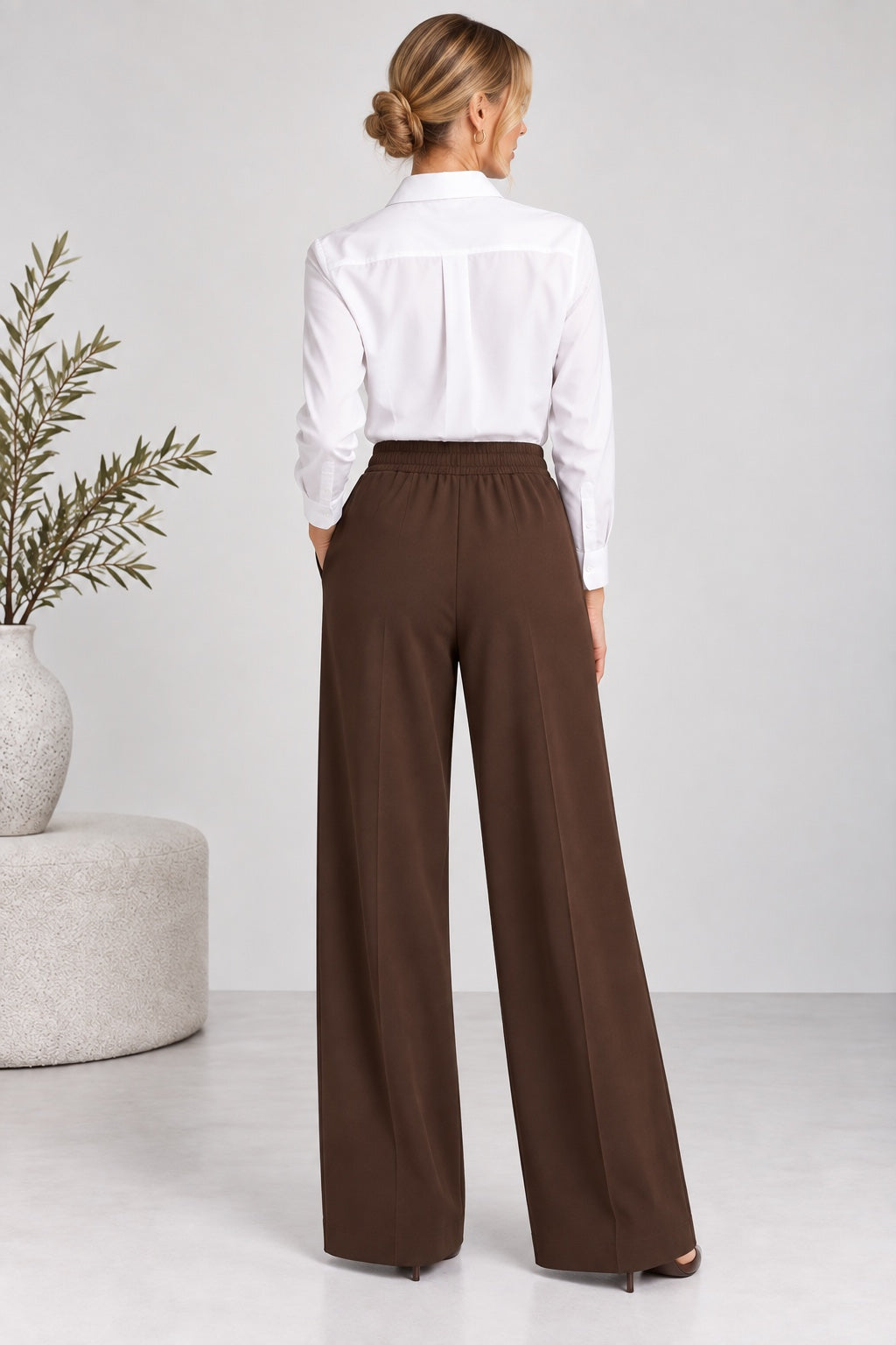 Terra | Crepe Palazzo Pants [CLEARANCE -50%] — Brown (back)