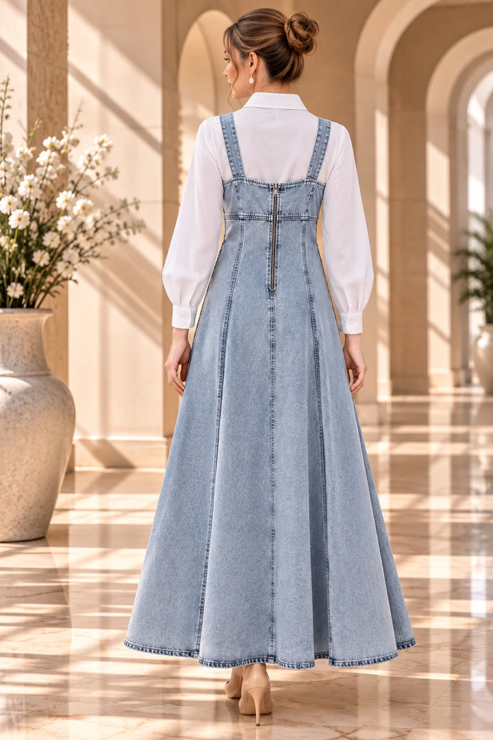 Juno | Buckle Strap Denim Pinafore Dress — Denim (back)