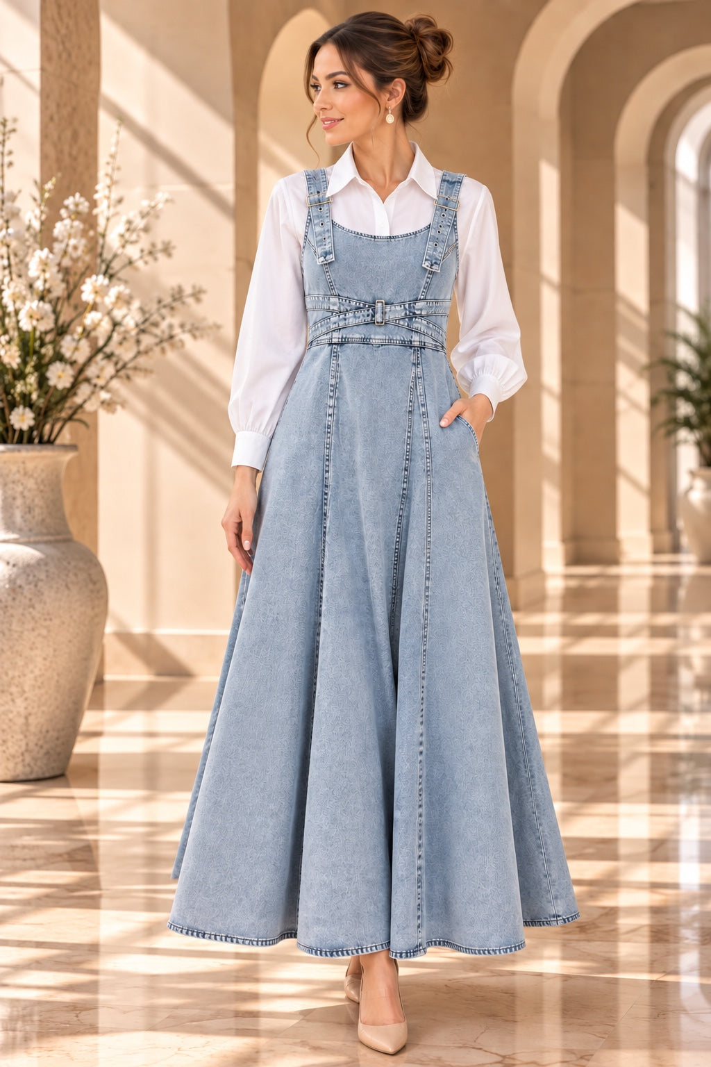 Juno | Buckle Strap Denim Pinafore Dress — Denim (front)