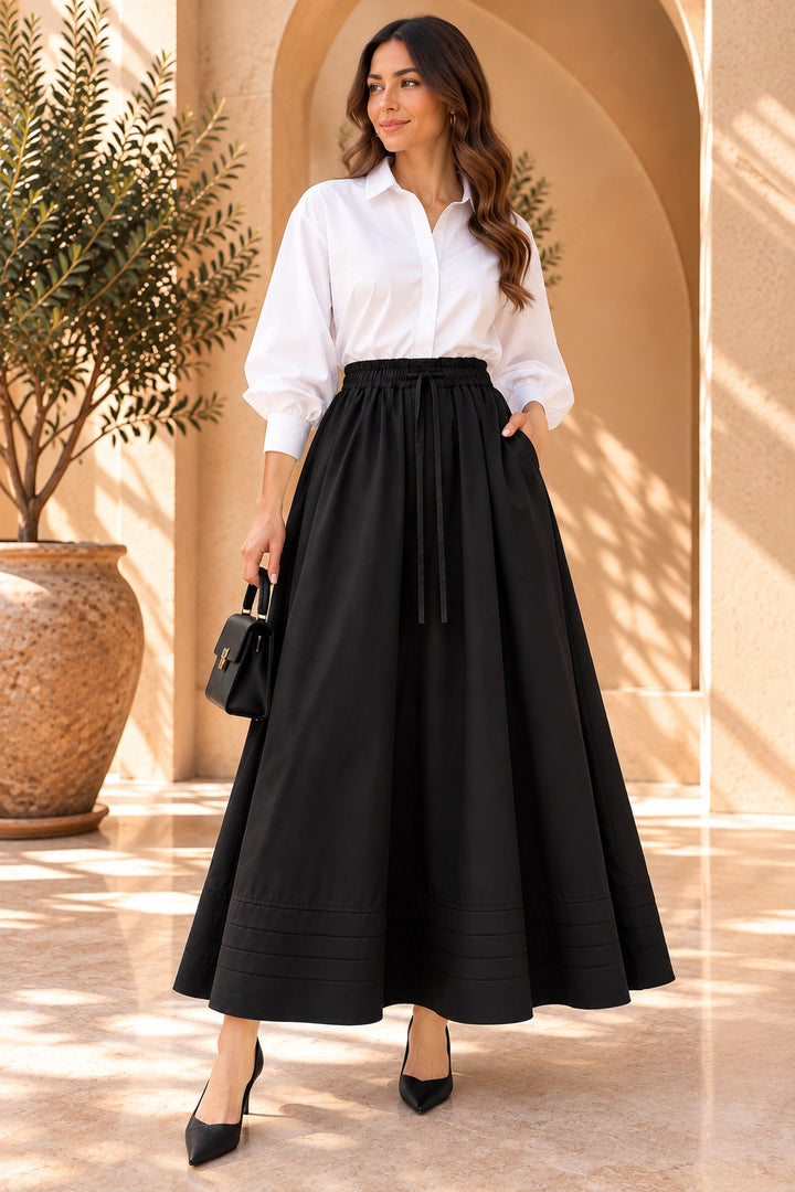 Pebble | Drawstring A-Line Skirt — Black (front)