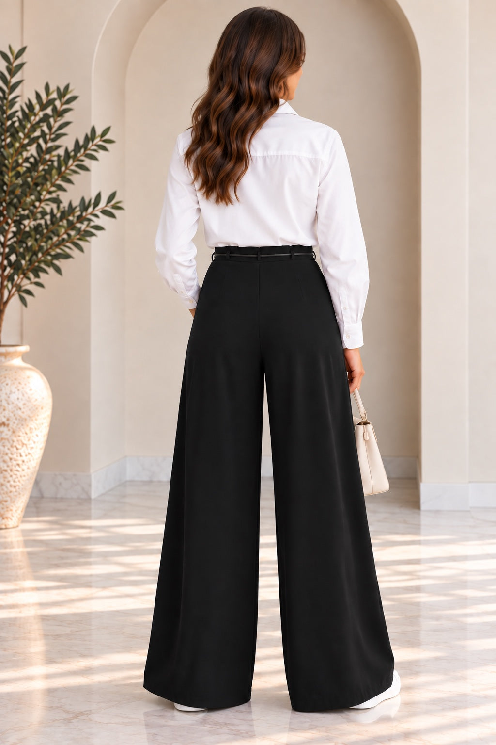 Marlene | Pleated Wide-Leg Trousers — Black (back)