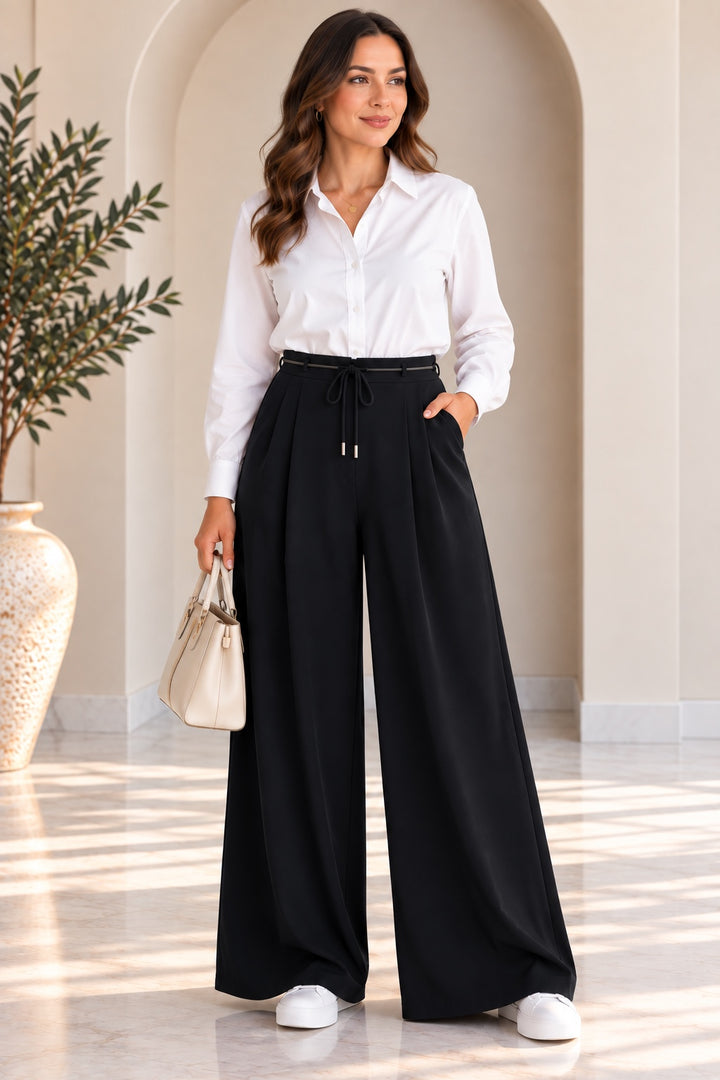 Marlene | Pleated Wide-Leg Trousers — Black (front)