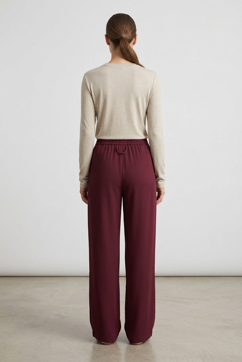 Marlene | Pleated Wide-Leg Trousers — Burgundy (back)