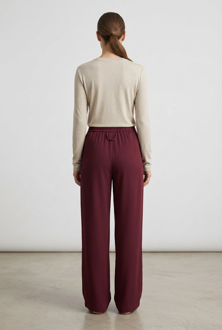 Marlene | Pleated Wide-Leg Trousers — Burgundy (back)