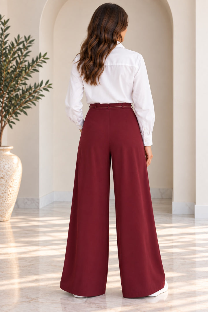 Marlene | Pleated Wide-Leg Trousers — Burgundy (back)