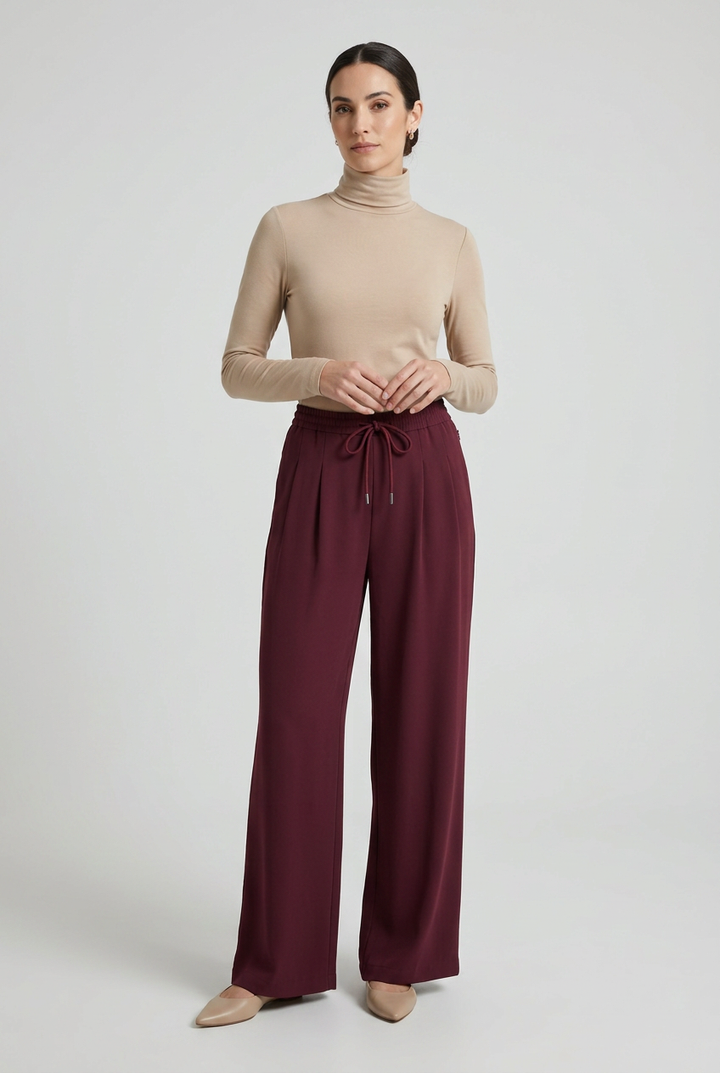 Marlene | Pleated Wide-Leg Trousers — Burgundy (front)