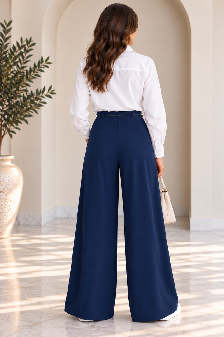 Marlene | Pleated Wide-Leg Trousers — Navy (back)