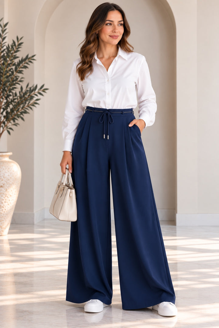 Marlene | Pleated Wide-Leg Trousers — Navy (front)