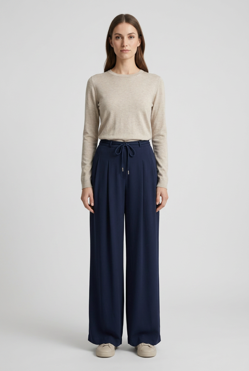 Marlene | Pleated Wide-Leg Trousers — Navy (front)