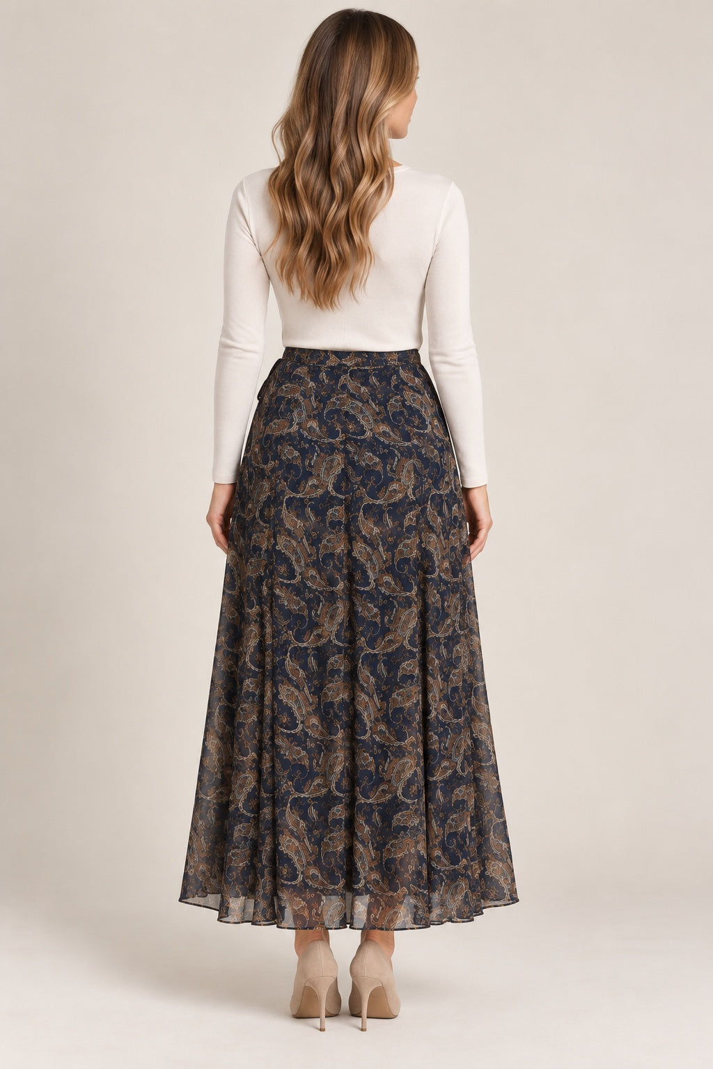 Delphine | Paisley Pleated Maxi Skirt — Blue (back)