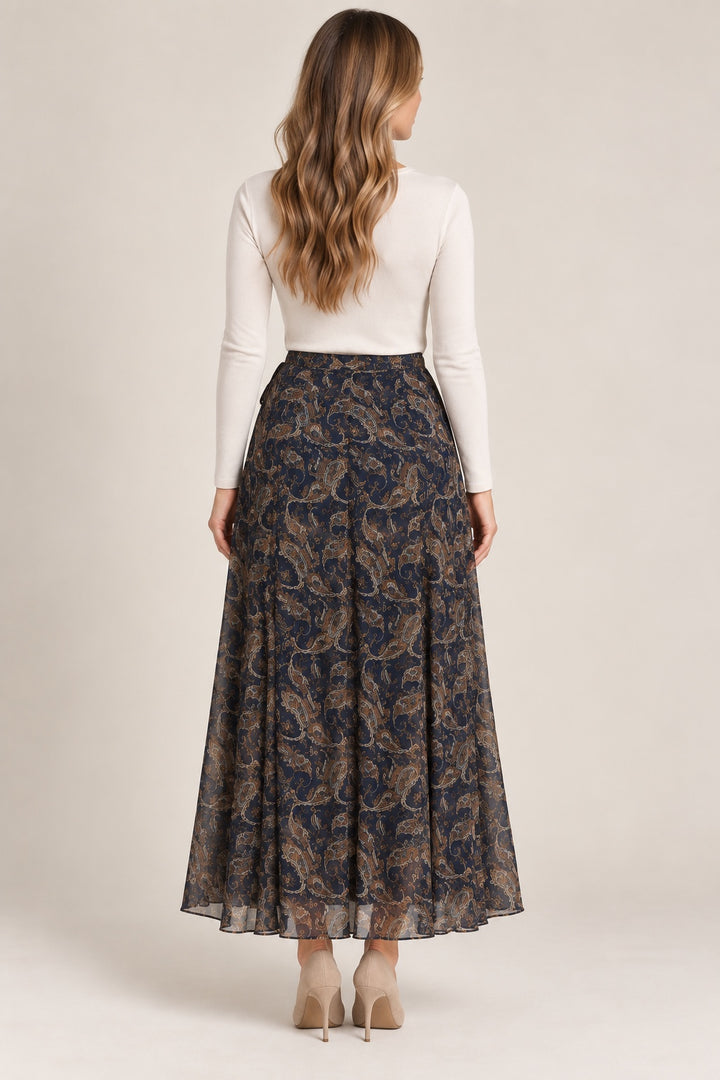 Delphine | Paisley Pleated Maxi Skirt — Blue (back)