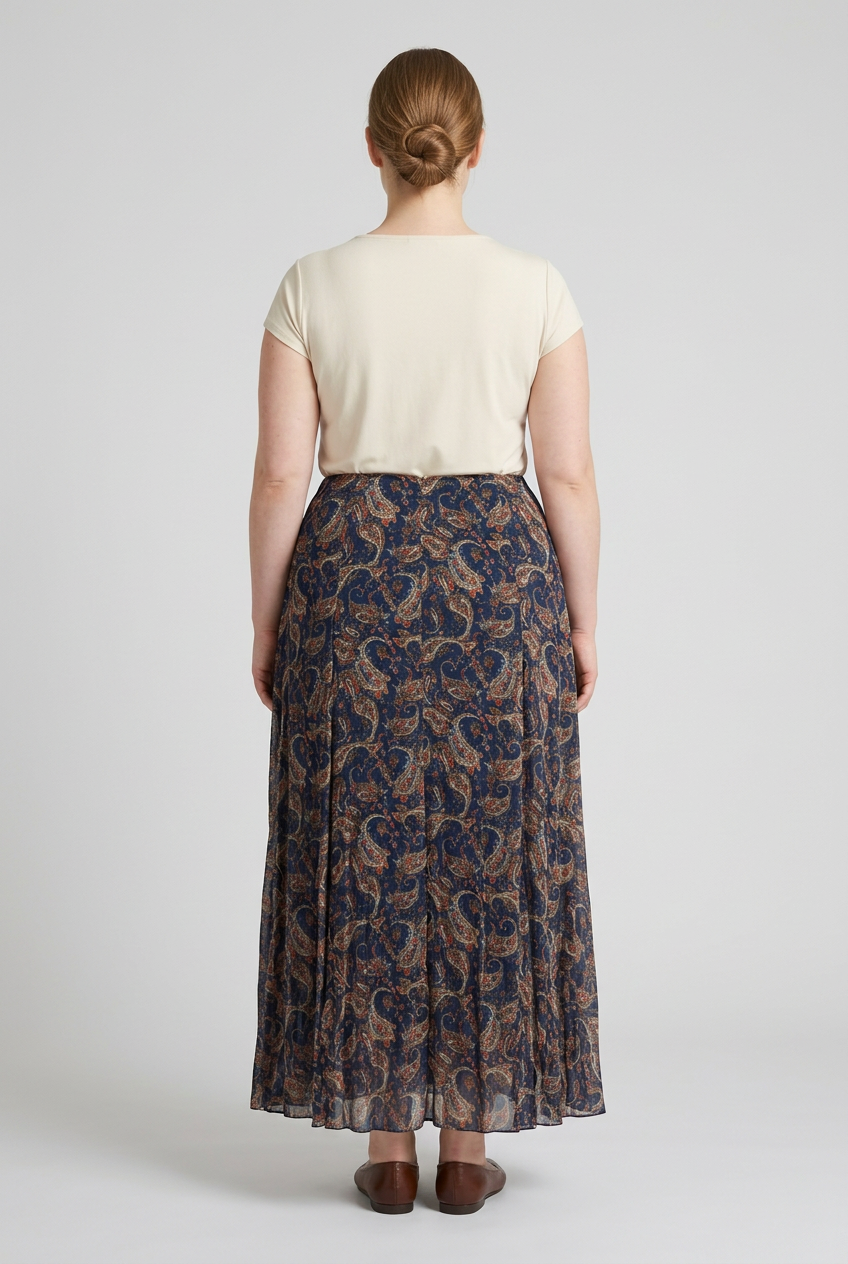 Delphine | Paisley Pleated Maxi Skirt — Blue (back)