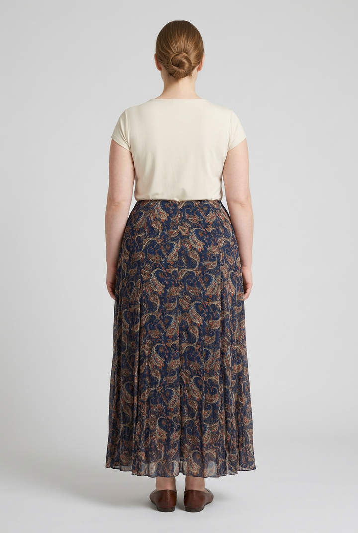 Delphine | Paisley Pleated Maxi Skirt — Blue (back)