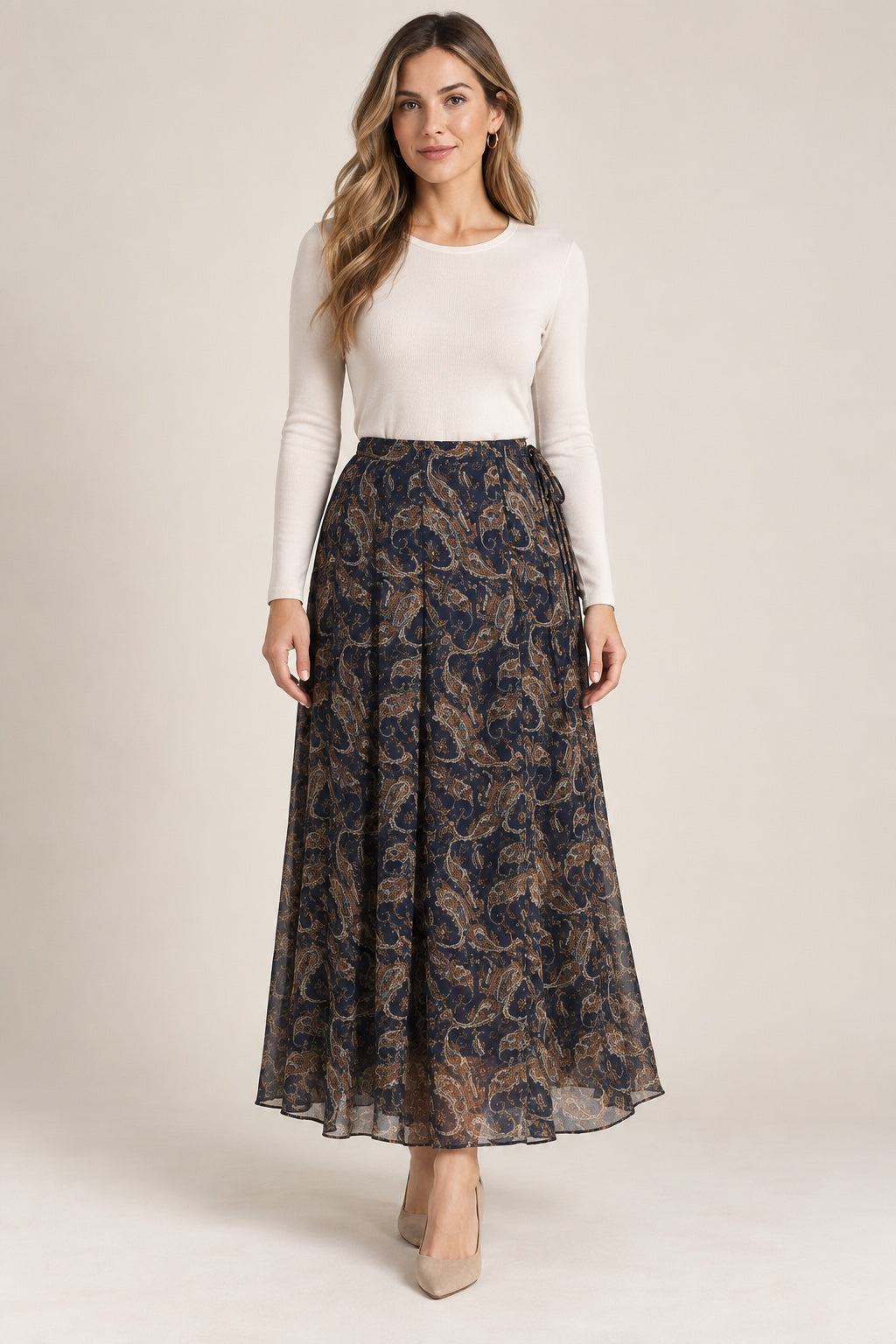 Delphine | Paisley Pleated Maxi Skirt — Blue (front)