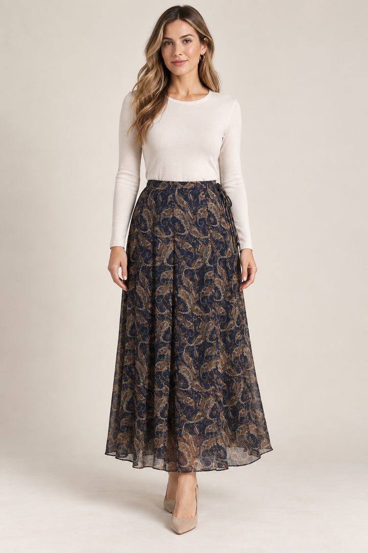 Delphine | Paisley Pleated Maxi Skirt — Blue (front)