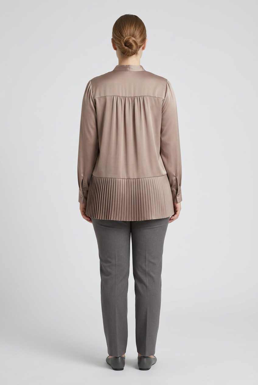 Soraya | Satin Pleated-Hem Blouse — Mocha (back)