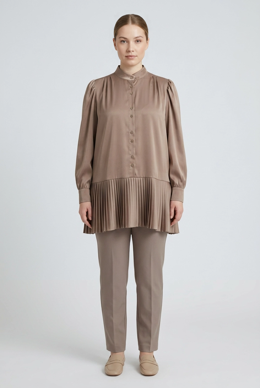 Soraya | Satin Pleated-Hem Blouse — Mocha (front)