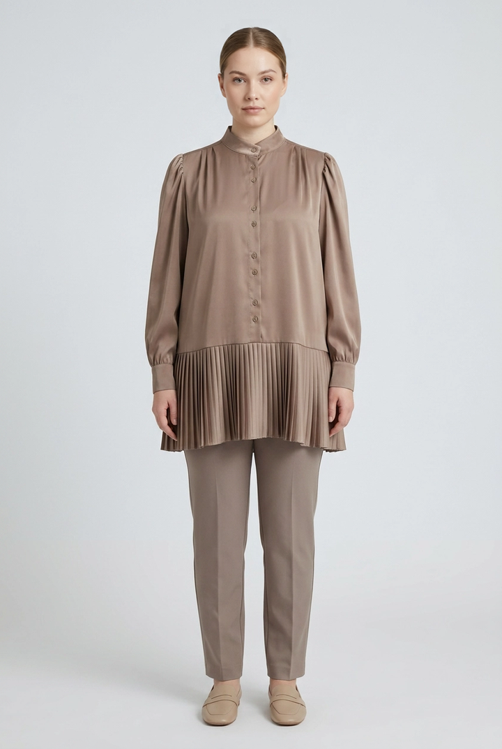 Soraya | Satin Pleated-Hem Blouse — Mocha (front)