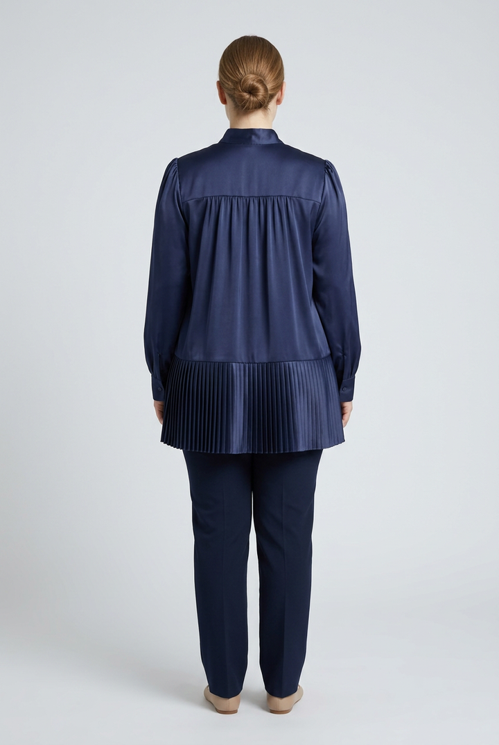 Soraya | Satin Pleated-Hem Blouse — Navy (back)