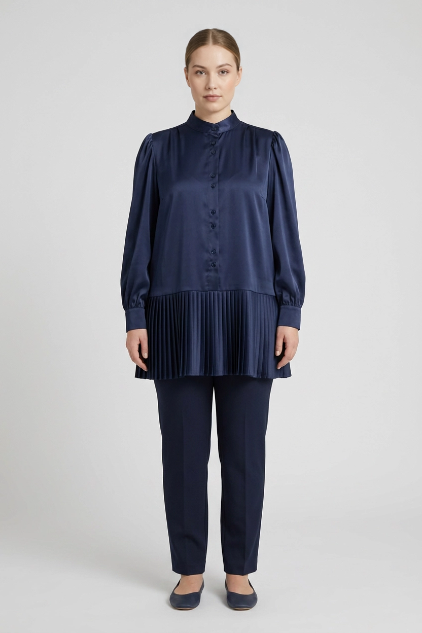 Soraya | Satin Pleated-Hem Blouse — Navy (front)