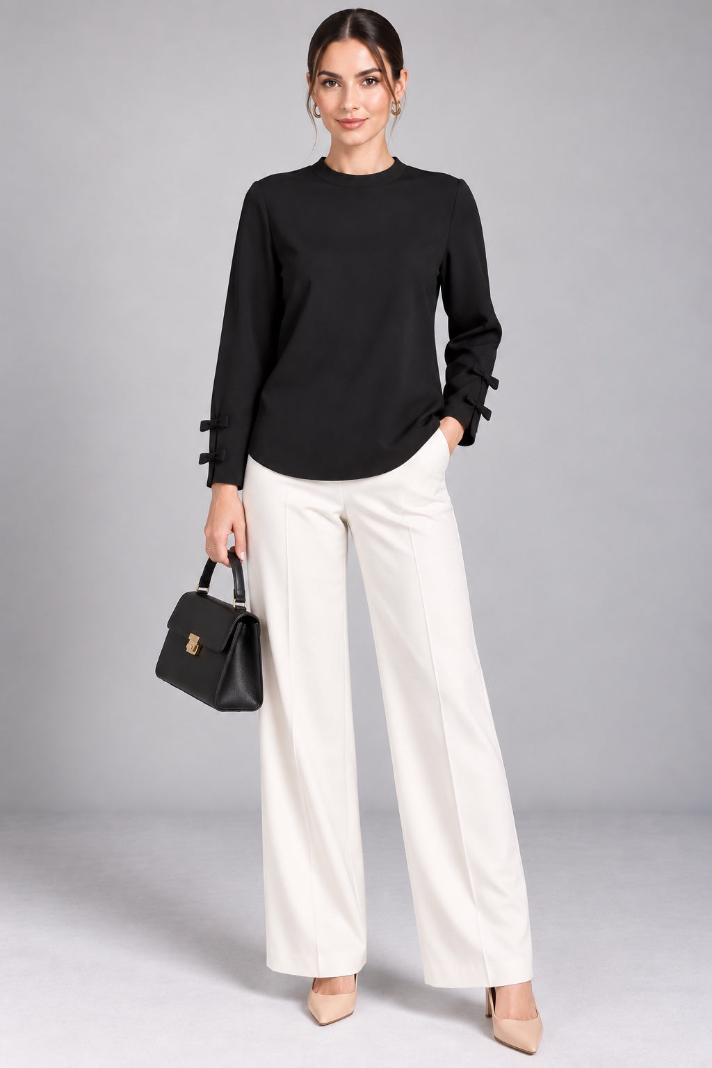 Alba | Mock Neck Tie Cuff Tunic — Black (front)