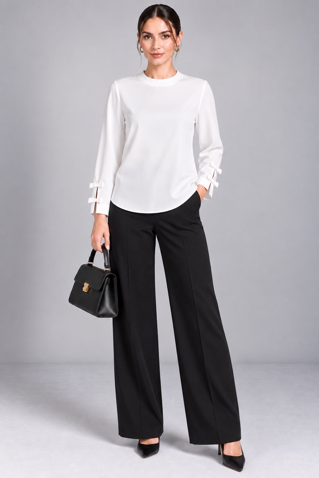 Alba | Mock Neck Tie Cuff Tunic — White (front)