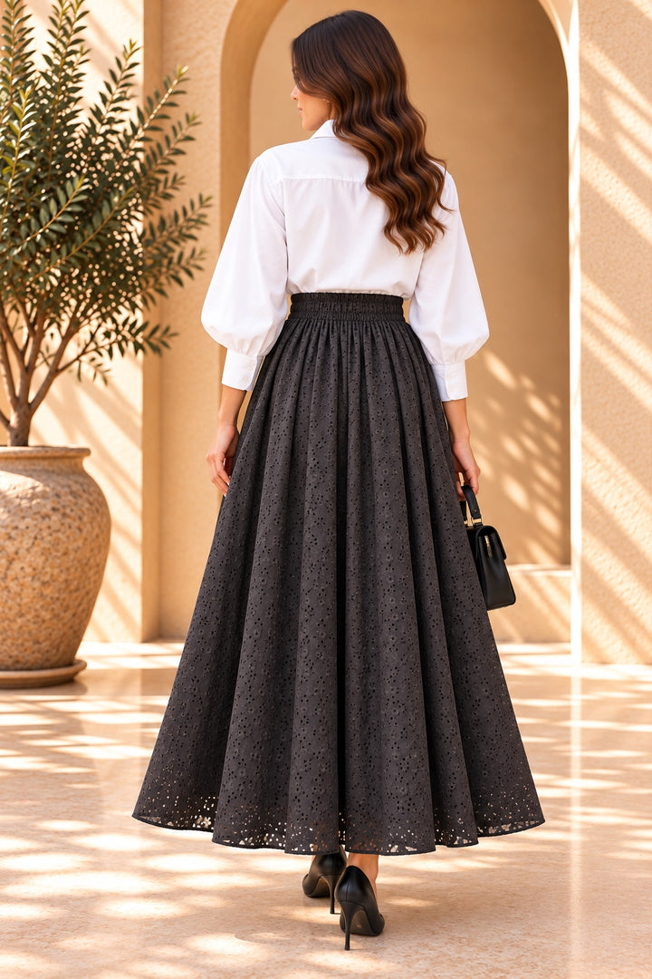 Ebony | Eyelet Maxi Skirt — Black (back)