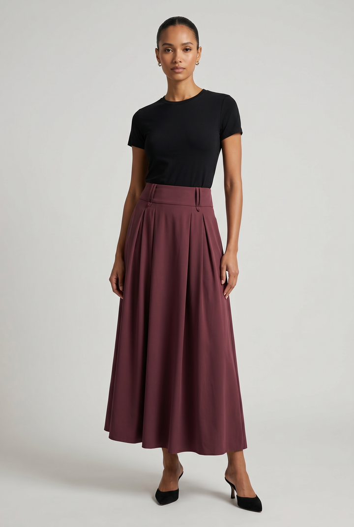 Model wearing Quinn | Pleated Belted Maxi Skirt