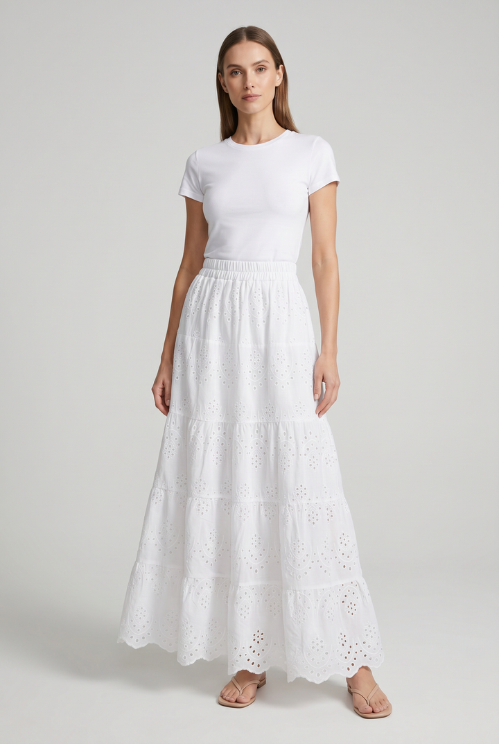 Model wearing Luna | Eyelet Tiered Skirt