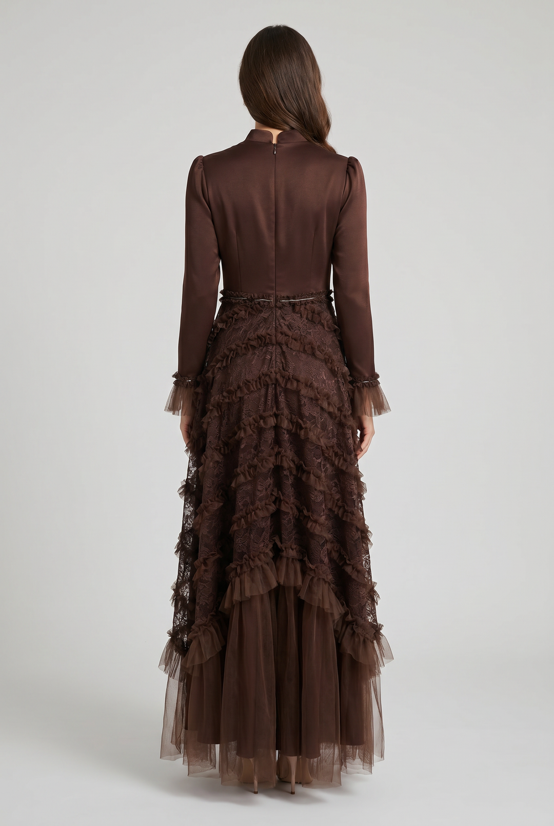 Octavia | Tiered Tulle &amp; Lace Ruffle Evening Gown back view