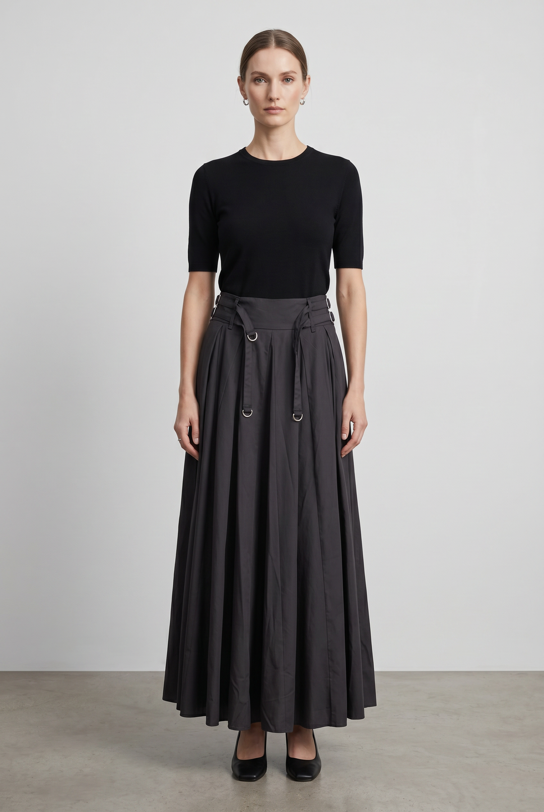 Model wearing Scout Pleated Belted Maxi Skirt