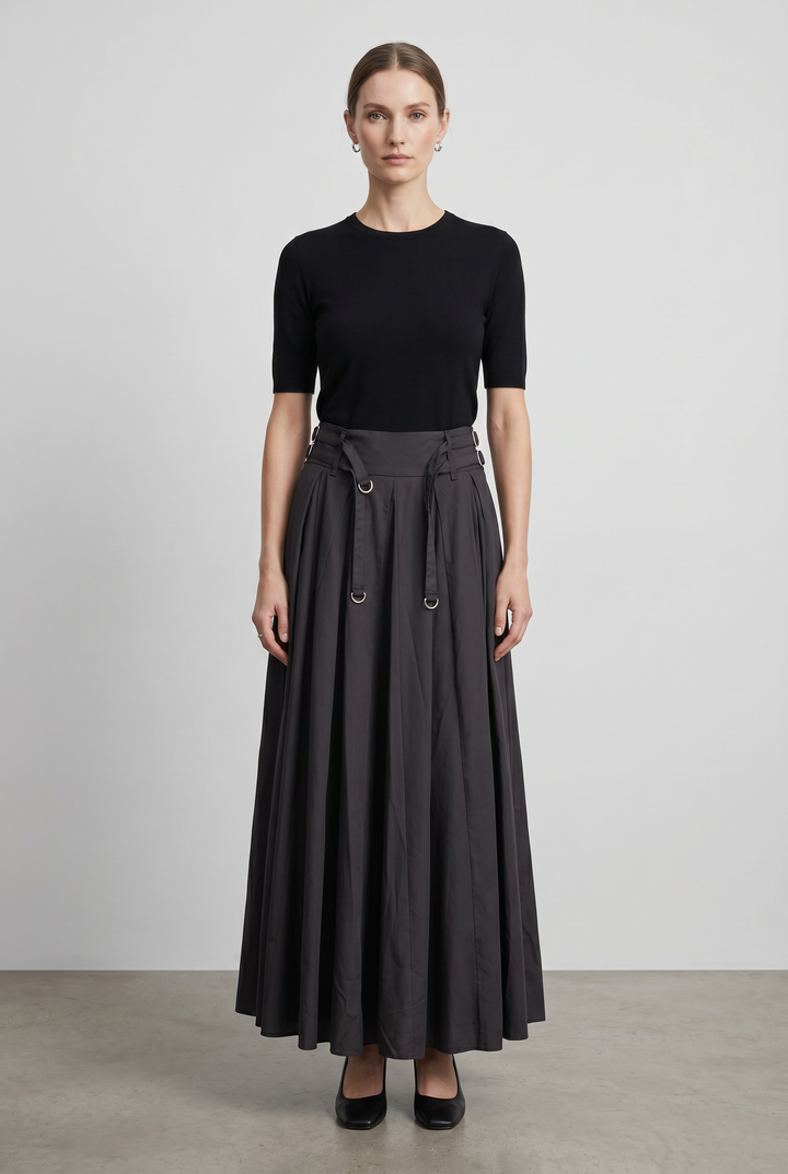Model wearing Scout Pleated Belted Maxi Skirt