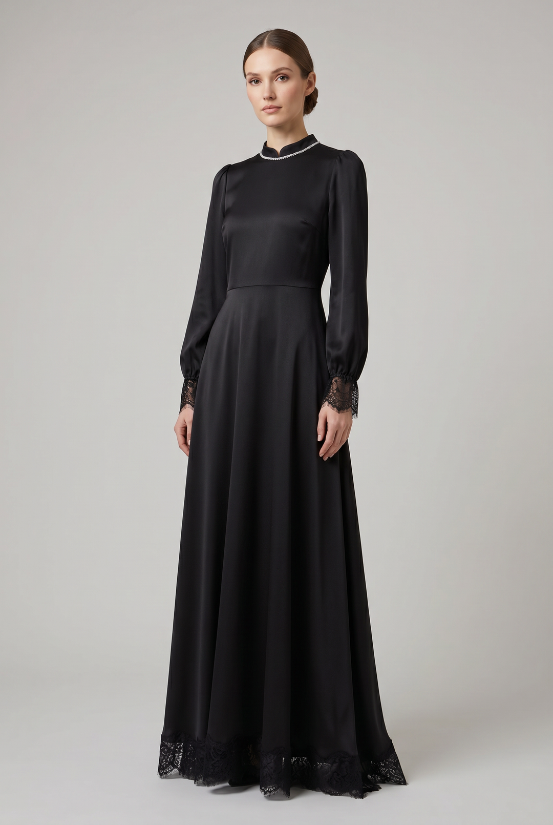Model wearing Belladonna | Satin Crepe Block Crystal Collar Evening Gown
