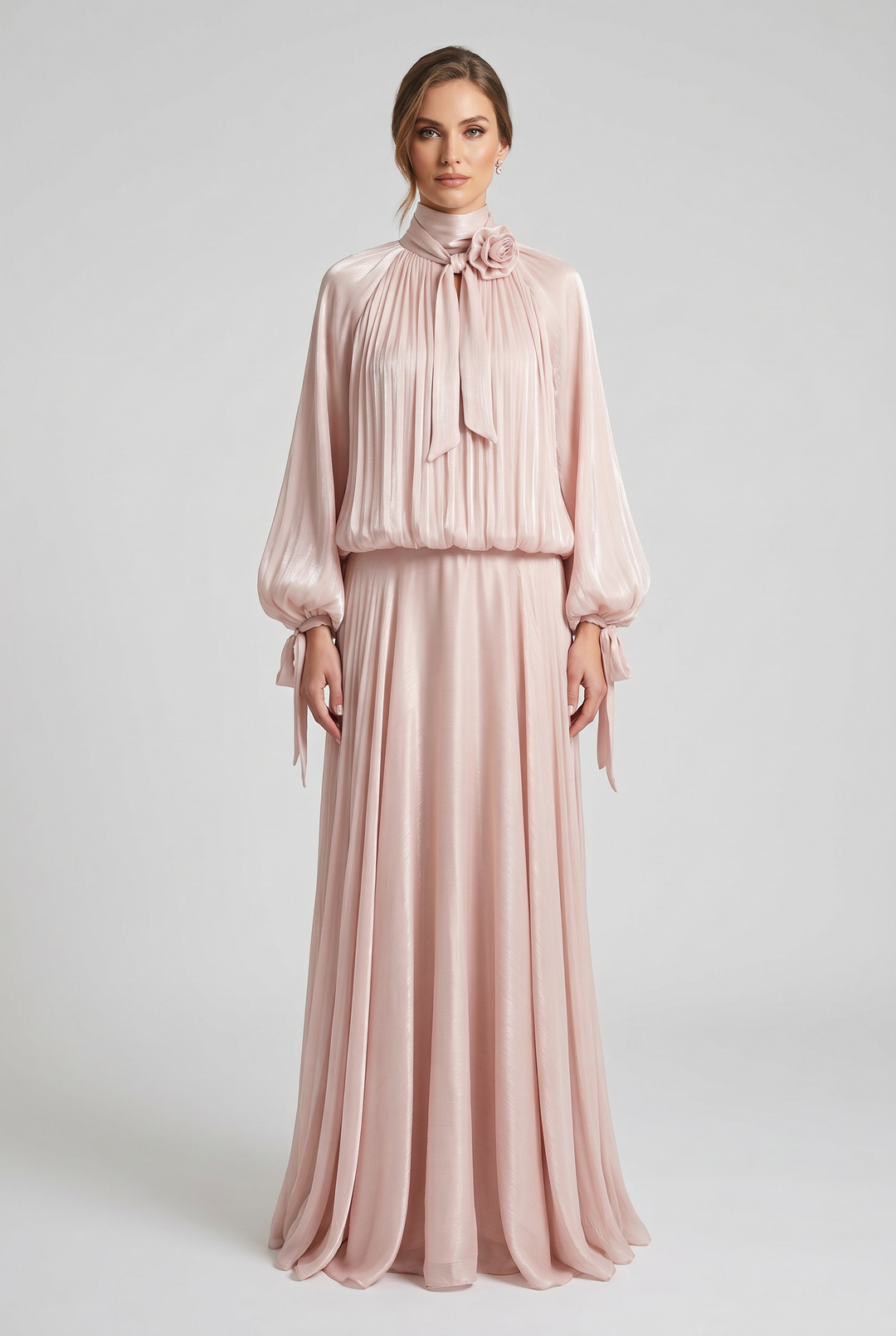 Model wearing Cosima | Shimmer Plissé Tie-Neck Evening Gown