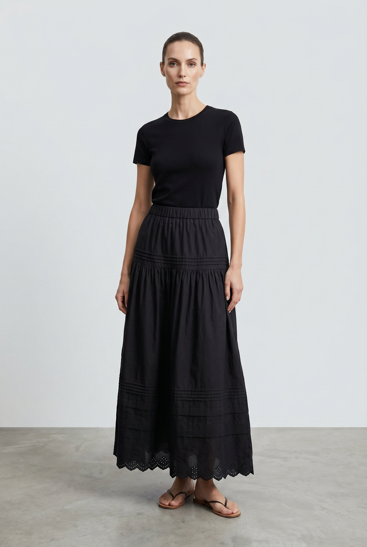 Model wearing Willa | Pintuck Lace Hem Maxi Skirt